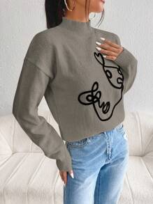 RueChic Figure Pattern Mock Neck Drop Shoulder Sweater - Camel - View 6