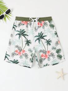 Tween Boys Plant & Flower Printed Swim Trunks, Beach Shorts - Multicolor - View 1
