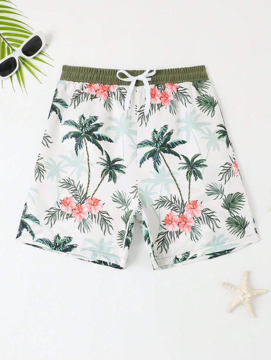 Tween Boys Plant & Flower Printed Swim Trunks, Beach Shorts - Multicolor - View 1