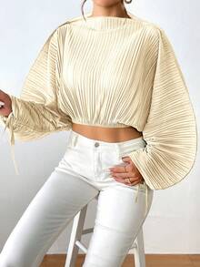 SHEIN Essnce 女性紋理束口蝙蝠袖襯衫 - 杏色 - 查看 7