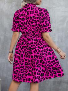 SHEIN Clasi Women's Plus Size Leopard Print Short Sleeve Dress With Notched Neckline And Drawstring Waist - Multicolor - View 5