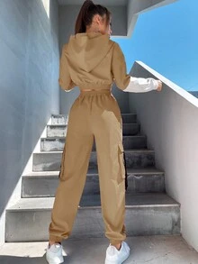 SHEIN Unity 2 Piezas/set Chaqueta Con Capucha Y Pantalón De Carga Con Patrón De Letras Y Cremallera - Marrón - Ver 2
