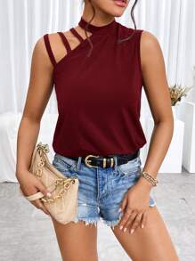 SHEIN Privé 不对称肩部立领背心 - 酒紅色 - 查看 5