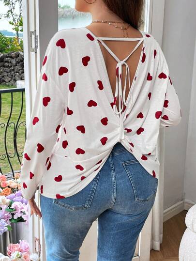 Flirla Talla Grande Camiseta De Patrón De Corazones Con Lazo En La Parte Trasera