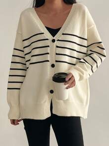 Giải trí Sọc Lỏng lẻo phù hợp Mở Mặt trước Áo len Mở , Mùa xuân/Mùa hè - Màu be - Xem 3