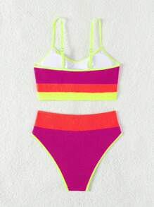 SHEIN Color Block Textured Contrast Neon Trim Bikini Set Bathing Suit, Summer Beach - Multicolor - View 7