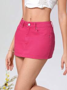 SHEIN MOD 女士短版純色牛仔迷你裙 - 玫紅色 - 查看 3