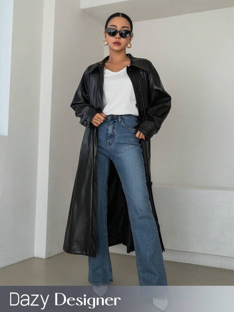 Women'S Long Coat With Pu Leather Belt