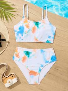 Conjunto de bikini con estampado de teñido anudado aleatorio para niñas preadolescentes, playa de verano - Multicolor - Ver 1