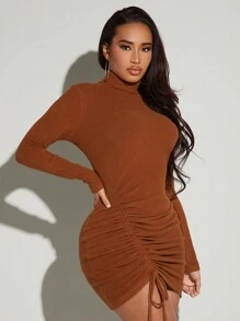 SHEIN SXY 新年女装情人节抽绳褶皱针织罗纹保暖性感迷你褶皱紧身连衣裙 - 鏽棕色 - 查看 3