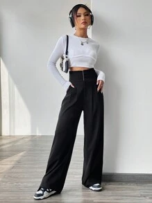 SHEIN EZwear 撞色收腰长裤 - 黑色 - 查看 3