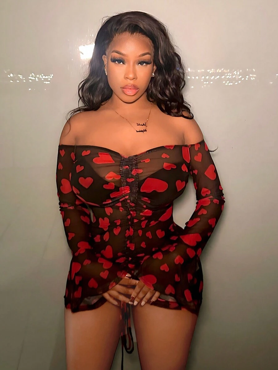 Slaydiva 1 Miếng Off-shoulder Chi tiết xếp nếp Hình trái tim Lưới Đầm - Đỏ - Xem 1