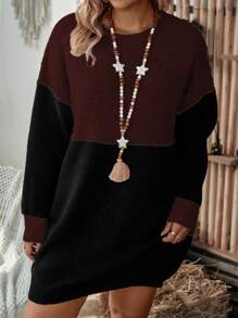 SHEIN LUNE Plus Size Round Neck Color Block Knitted Sweater Dress