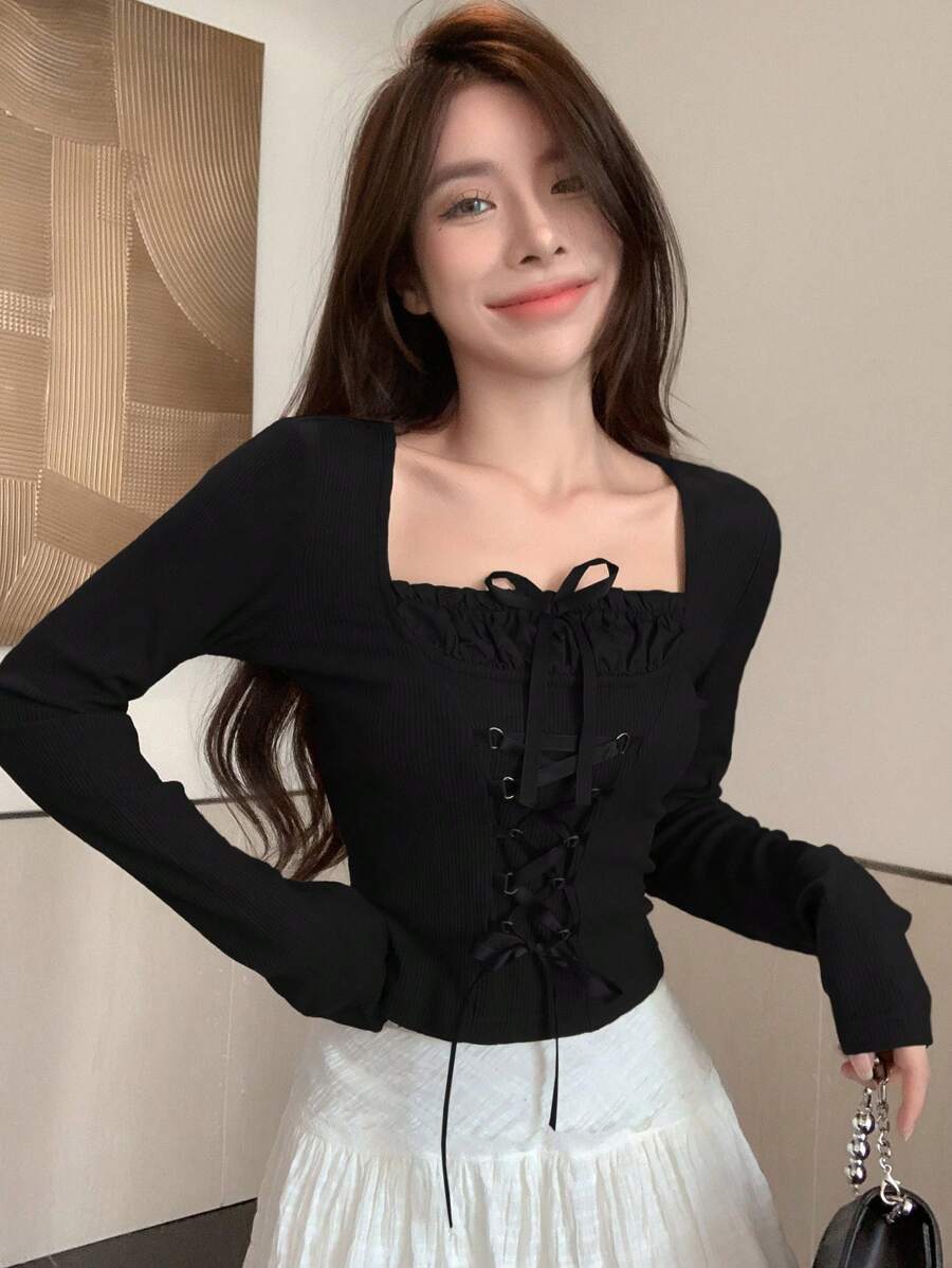 DAZY 女式抽绳腰长袖T恤，秋季服装 - 黑色 - 查看 1