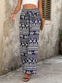 EMERY ROSE 女士手掌樹與大象印花長褲 - 藍色 - 查看 1