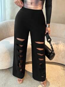 SHEIN SXY Solid Color Ripped Jeans Cargo Jeans Baggy Jeans Spring Summer Women Bachelorette Party Spring Break Birthday Valentine Day Sexy - Black - View 6