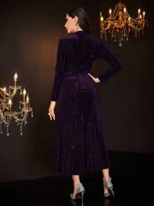 Modelyn 1 件立領紐帶裝飾長袖連身裙 - 紫色 - 查看 2