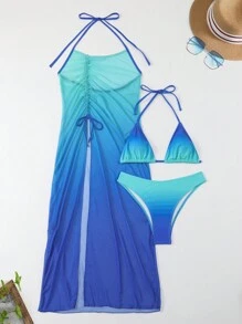 SHEIN Swim Summer Beach Women's Gradient Bikini Set Three-Piece Set - Blue - View 5