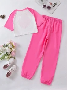 Bộ áo thun tay ngắn in hình trái tim và khẩu hiệu màu Raglan cho bé gái tuổi mới lớn và quần dài - Nhiều màu - Xem 2