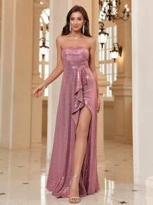 SHEIN Belle Strapless, Sequined, High Slit, Ruffled Detail Evening Dress