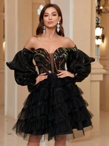 SHEIN Belle Women's Off Shoulder Sequin Patchwork Multi-Layer Mesh Ruffled Cocktail Dress For Party - Black - View 6