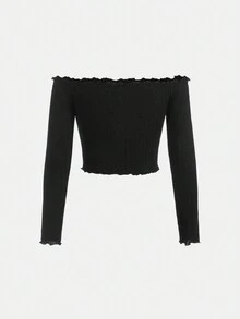 SHEIN 青少女針織排列邊飾無肩長袖t恤2件套裝 - 彩色 - 查看 3