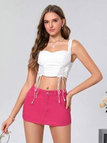 SHEIN MOD 女士短版純色牛仔迷你裙 - 玫紅色 - 查看 5