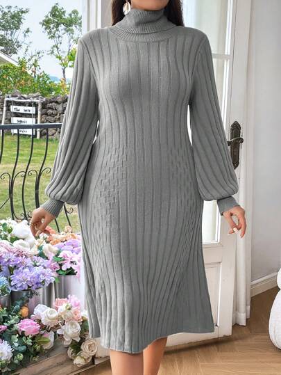 Flirla 大尺碼純色高領燈籠袖毛衣連衣裙