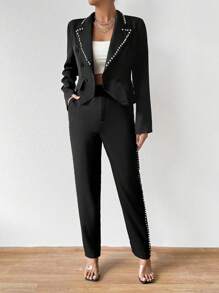 SHEIN Privé Women'S Suit With Rhinestone Decoration - Black - View 6