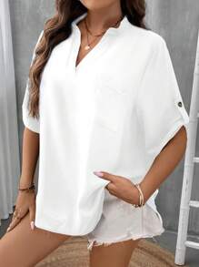 SHEIN LUNE Plus Size Women'S Rolled Up Sleeve Shirt - White - View 4