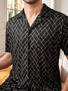 Men'S Geometric Pattern Short Sleeve Shirt And Shorts Homewear Set
