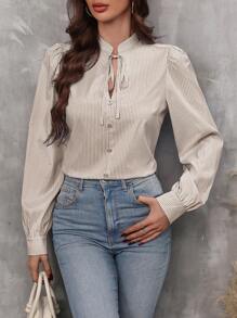 SHEIN LUNE Camisa Camisa Feminina de Mangas Bufantes com Impressão de Listras Verticais, Camisa de Manga Longa - Caqui - Visão 4