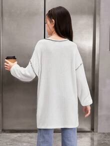 SHEIN Tween女孩寬鬆復古撞色拼接梭織裝飾圓領長袖t卹 - 白色 - 查看 2