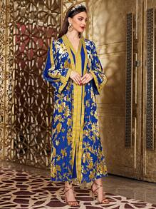 Layrah Women's Clothing Kaftan Set Of Gold Foil Floral Print Jacket And Long Sleeve Dress 2 Piece Set - Blue - View 1