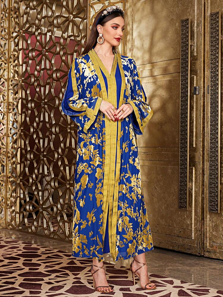 Women's Clothing Kaftan Set Of Gold Foil Floral Print Jacket And Long Sleeve Dress 2 Piece Set