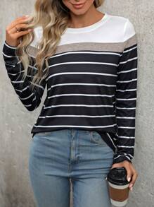 EMERY ROSE 撞色条纹长袖T恤 女式印花T恤 春秋季女式上衣 - 黑色 - 查看 5