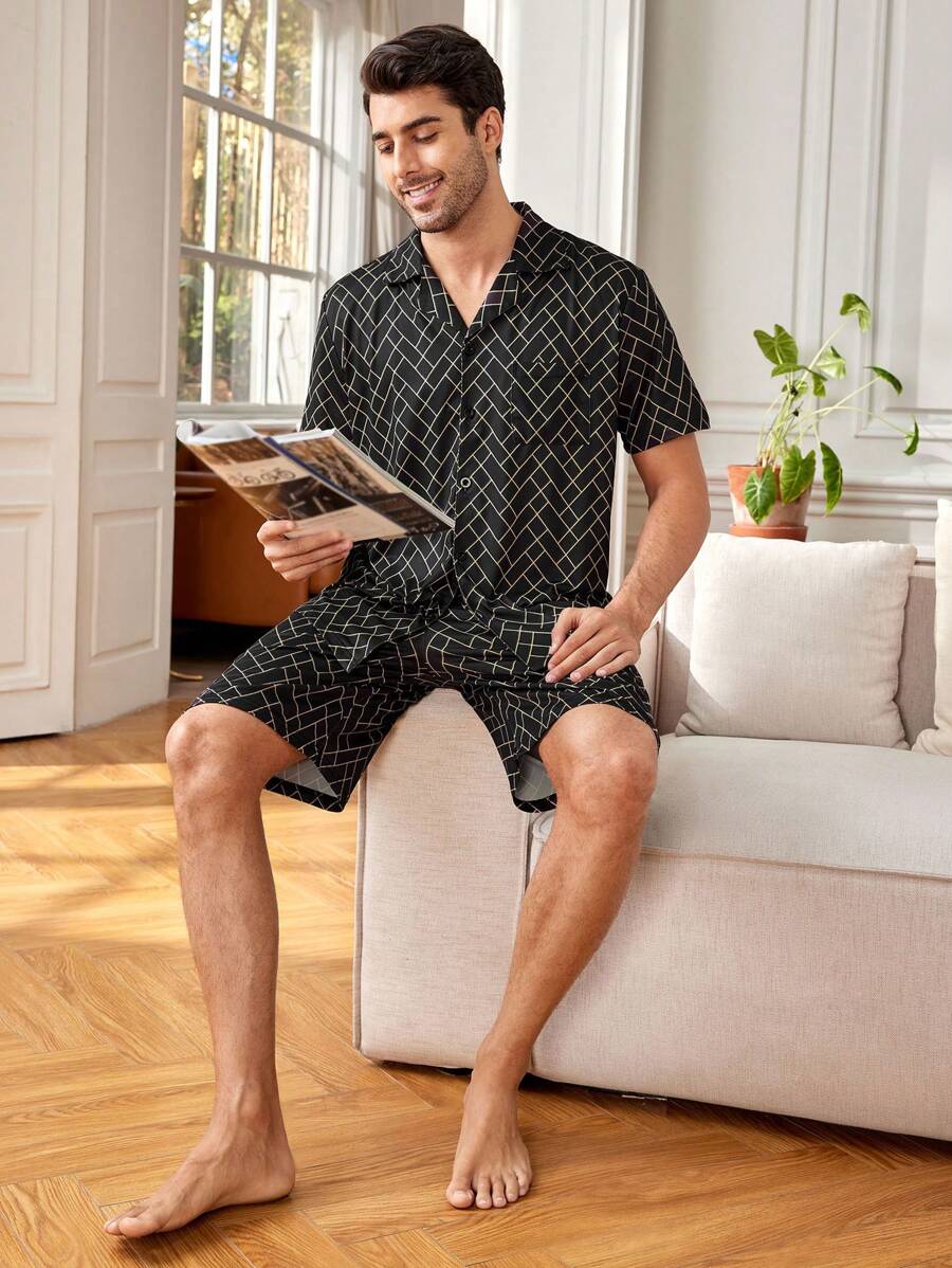 Men'S Geometric Pattern Short Sleeve Shirt And Shorts Homewear Set