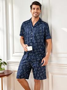 Conjunto Completo De Ropa De Casa Con Estampado Para Hombres - Azul - Ver 1