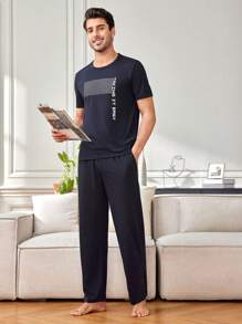 Men's Striped Print Short Sleeve Homewear Set - Navy Blue - View 1