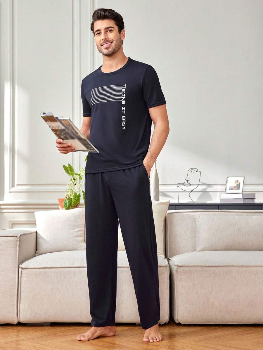 Men's Striped Print Short Sleeve Homewear Set - Navy Blue - View 1