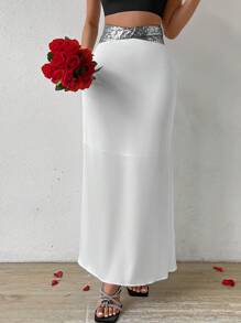 SHEIN Privé Falda De Dama Elegante Para Fiesta De Citas Con Decoración De Diamantes En La Cintura - Blanco - Ver 6