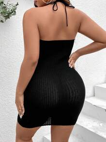SHEIN Clasi Plus Size Solid Color Halter Neck Sweater Dress - Black - View 3