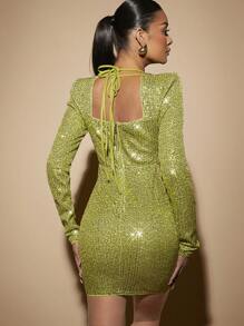 SHEIN Unity Cắt ra Buộc lại Kim sa Đầm ôm sát ngực - Màu Mù tạt vàng - Xem 2