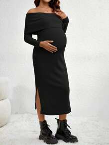 SHEIN Off Shoulder Slit Side Maternity Dress - Black - View 4