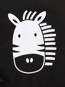 SHEIN 新生男婴可爱动物印花条纹长袖连体衣配背带裤套装 - 黑與白 - 查看 5