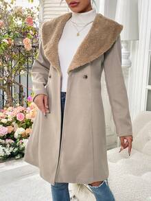 SHEIN Frenchy 女式毛絨翻領長袖羊毛夾克 - 灰色 - 查看 4