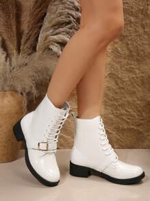 女性新款時尚光澤系帶靴,純白色短靴和踝靴適用於全年四季