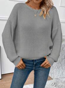 SHEIN LUNE 女式後背扭結落肩長袖毛衣 - 灰色 - 查看 6