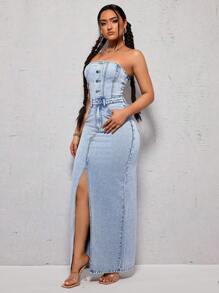 SHEIN ICON Strapless High Slit Denim Dress With Stone Wash - Light Wash - View 4