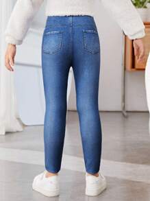 SHEIN 年輕女孩時尚仿牛仔印花緊身褲 - 藍色 - 查看 6